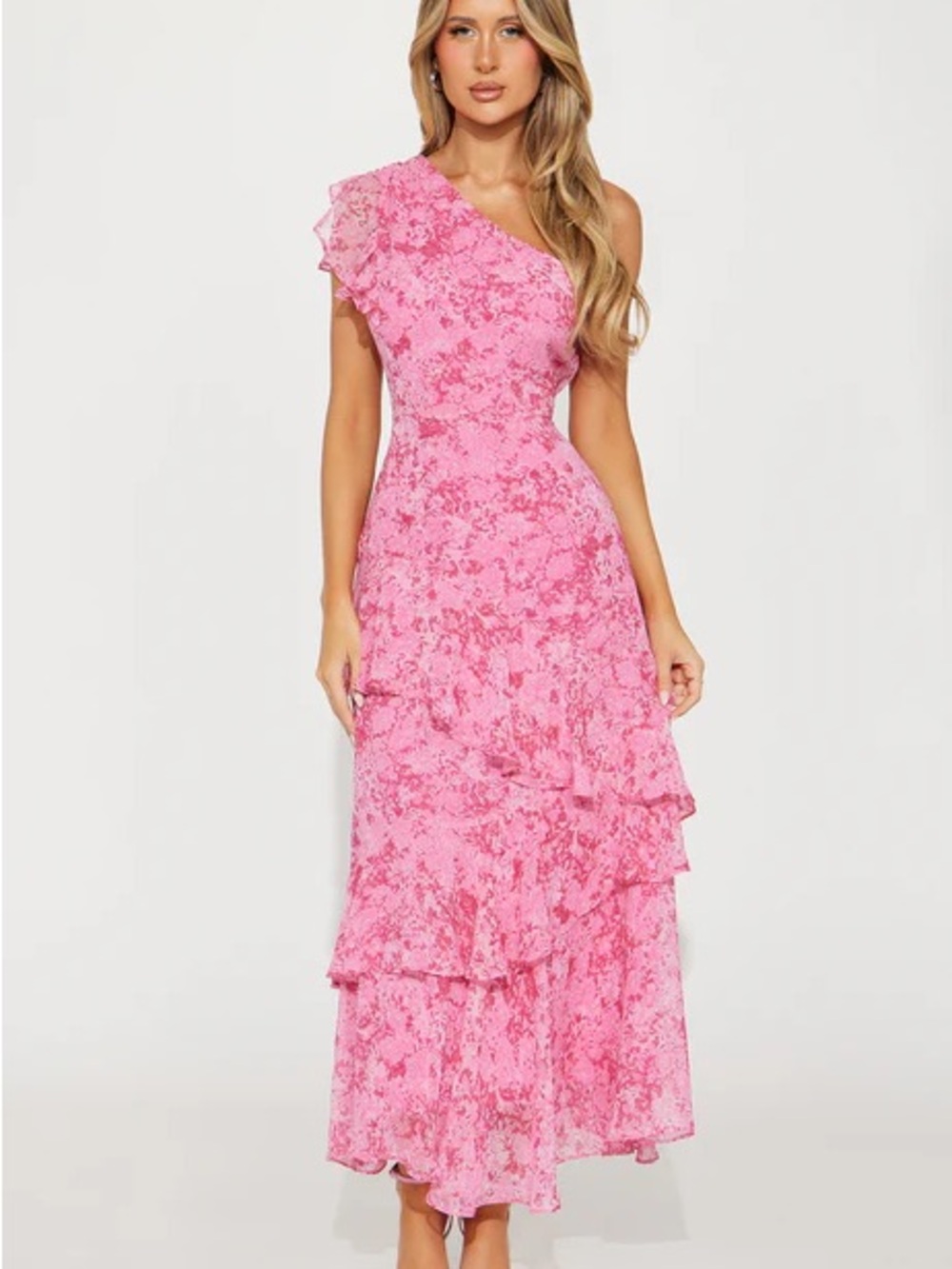 Fashion Nova One-Shoulder Pink Ruffle Midi Dress